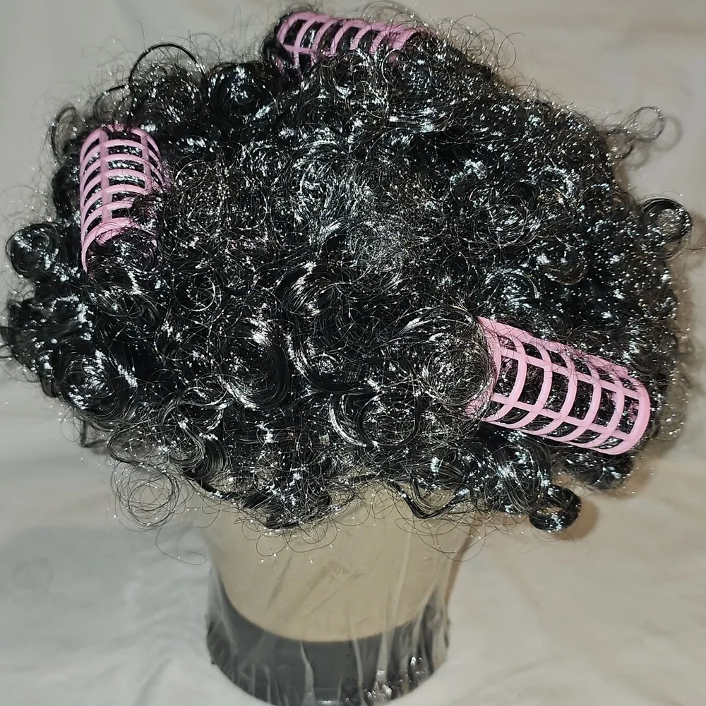Curly Black (gray) Wig with Pink Hair Rollers, Eyeglasses, Necklace NWOT - Picture 4 of 15